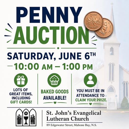Penny Auction and Bake Sale – 89 Edgewater street- St John’s Lutheran Church